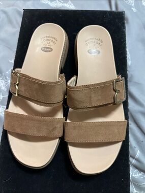Dr. Scholl's Tan Suede Double-Strap Slide Sandals with Gold Buckles